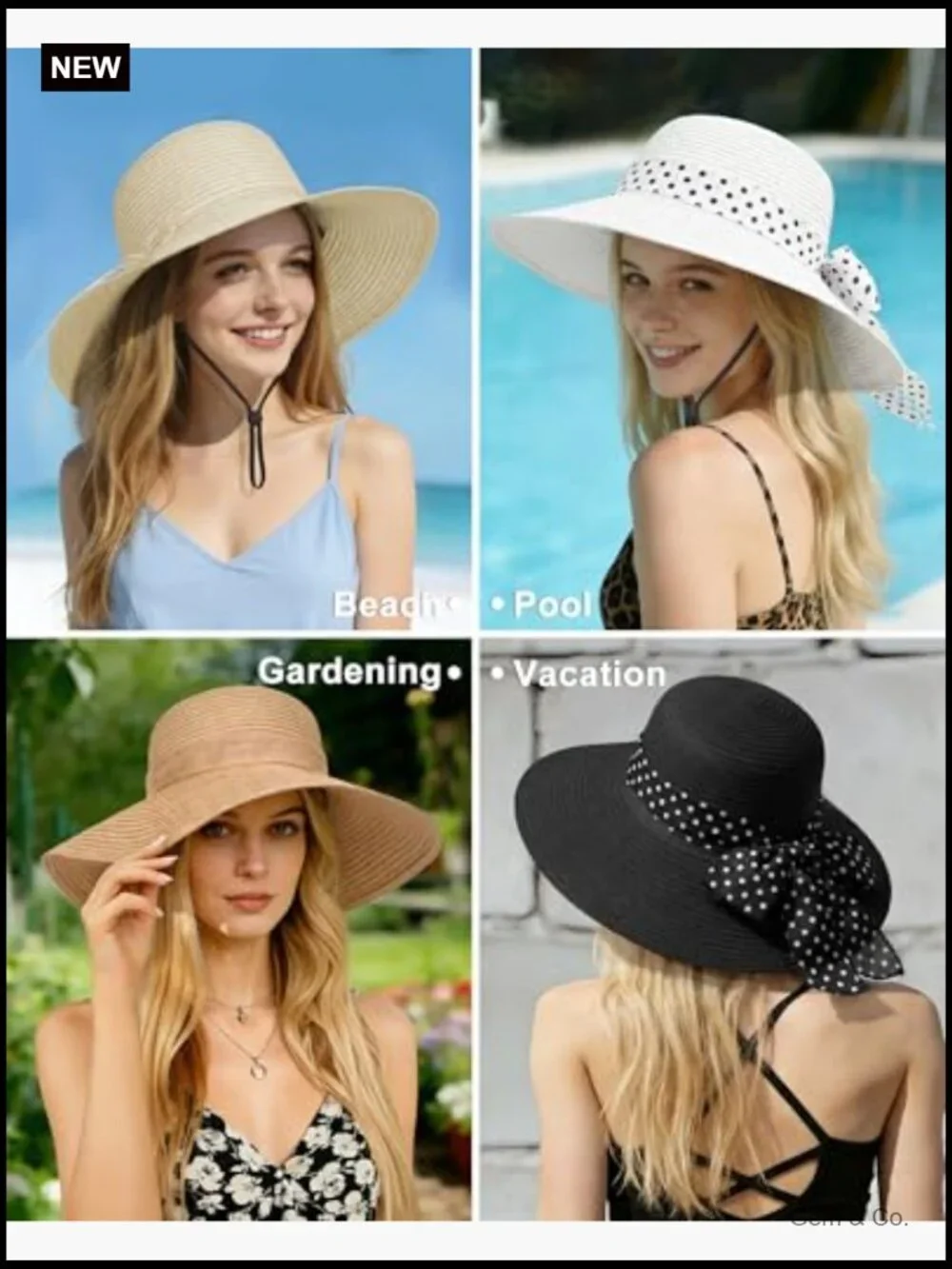 Wide Brim Straw Derby Sun Hat UPF 50+ Packable Floppy for Beach Summer